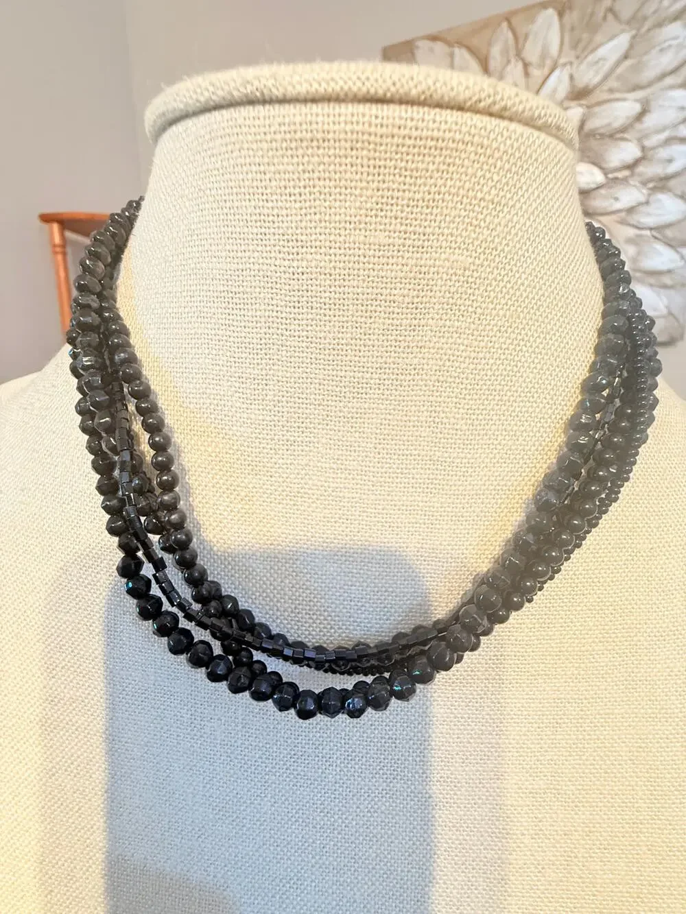 Vintage Black Multi Strand Beaded Choker Necklace 14”